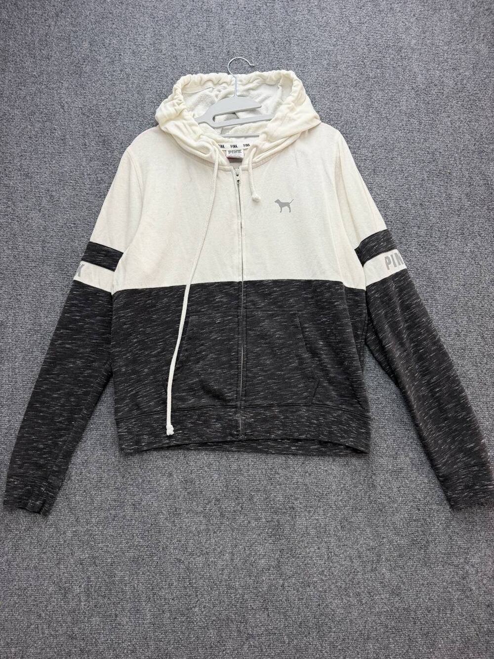 Victoria's Secret PINK Womens L Black Cream Colorblock Full Zip Hoodie